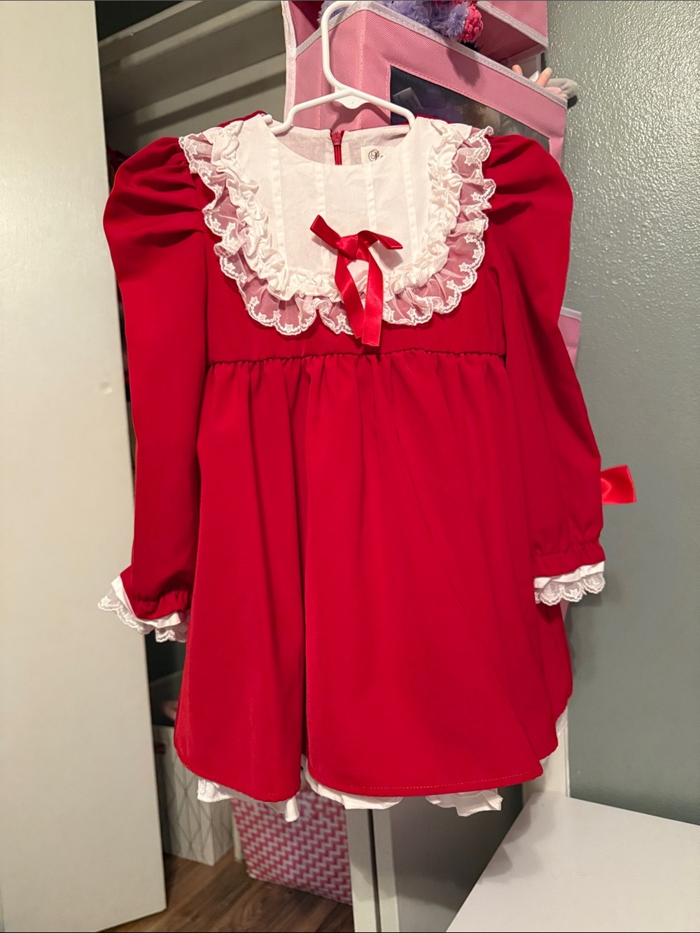 Red Lace-Trim Girls' Formal Dress with Bow
